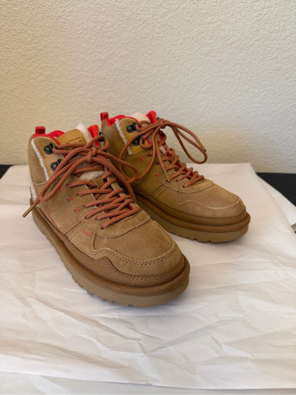 UGG Tan Suede Lace-Up Ankle Boots with Red Accents